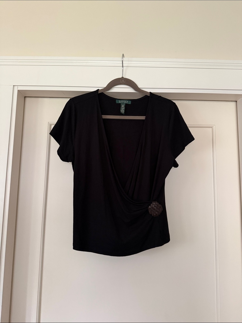 Lauren Ralph Lauren Black Wrap Front V-Neck Top Woven Leather Detail Size XL